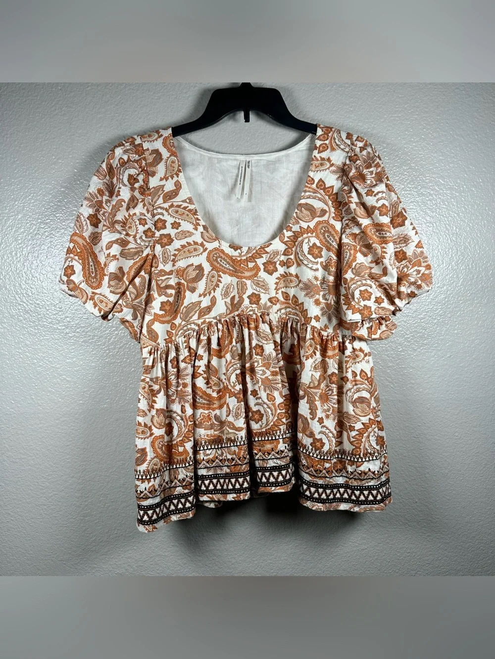 Anthropologie Puff-Sleeve Peasant  babydoll Top in Rust Paisley SZ:L